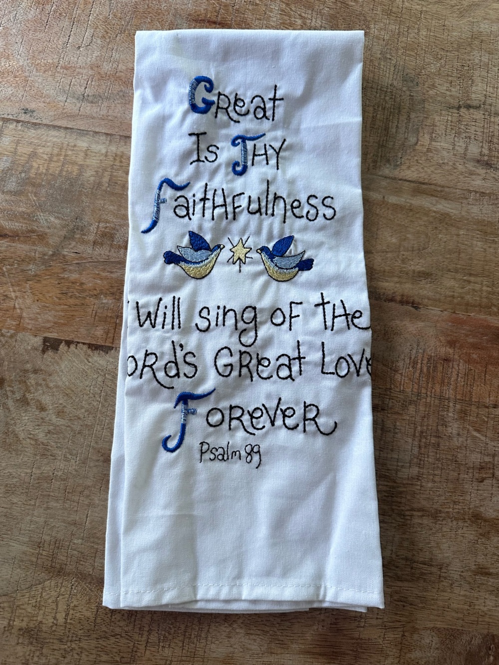 Psalm 89 Embroidered Faithfulness linen - White with Blue & Gold Accents